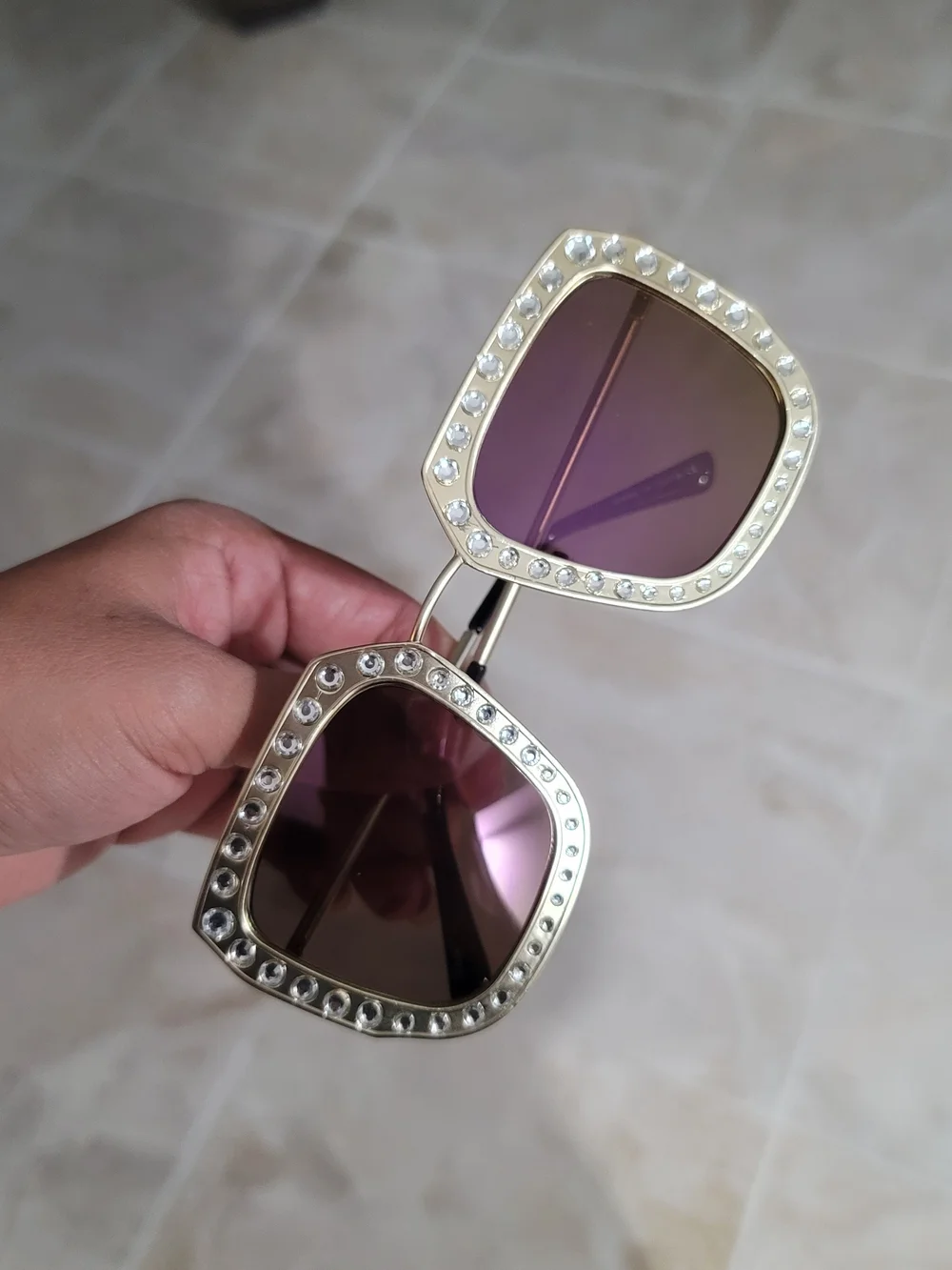 Gold Frame Rhinstone-Trim Square Sunglasses - Women Accessories
